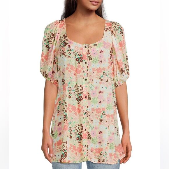 Free People Callie Floral Print Scoop Neck Short Sleeve Tunic Top .Size XS - Picture 4 of 16